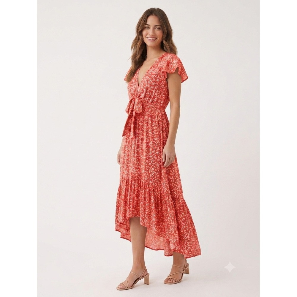 VICI Coral Orange White Leaf Print High Low Maxi Dress Short Flutter Sleeve M